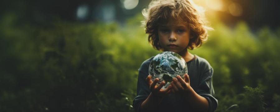 Kind hält ein Modell der Erde in der Hand, Hintergrund Natur