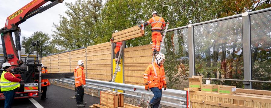 Lärmschutzwand aus Schilf, Thermoholz und Lehm an der A1 West Autobahn bei Völlerndorf